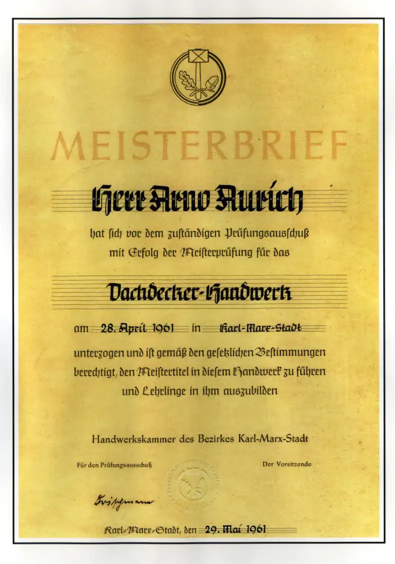 Meisterbrief Arno Aurich