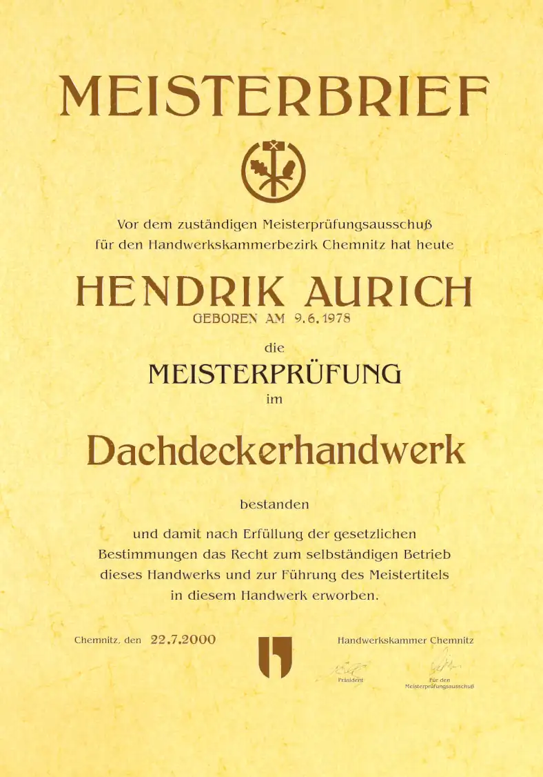 Meisterbrief Hendrik Aurich